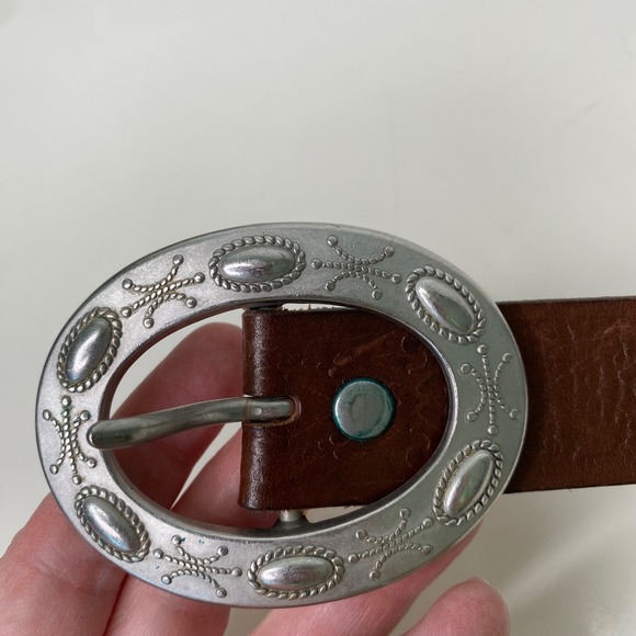 Womens Brown Genuine Leather Embossed Western Belt Silver Oval Buckle M USA - Picture 8 of 10